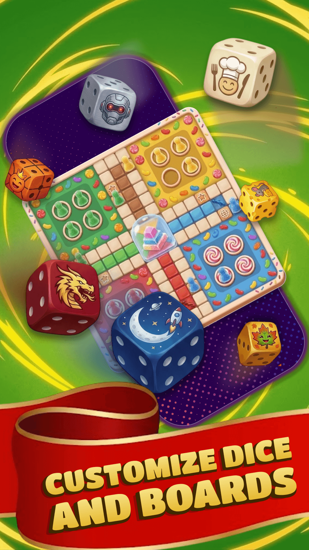 A sweet shop themed ludo board surrounded by unlockable dice (a dragon, a robot, a chef, a rocket) under the words Customize Dice and Boards