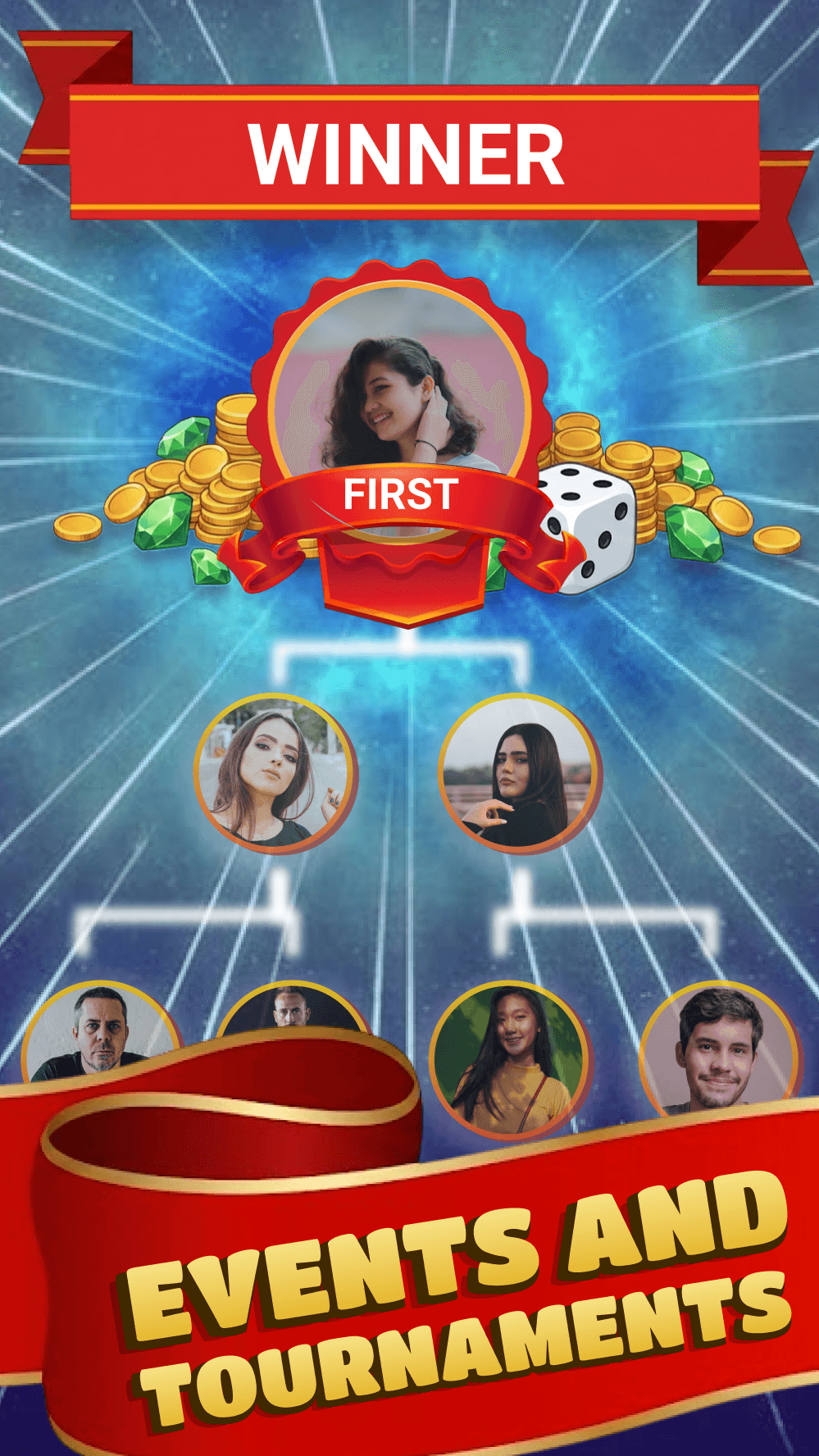 A tournament bracket of eight players with the winner crowned First above a pile of coins and gems, under the words Events and Tournaments