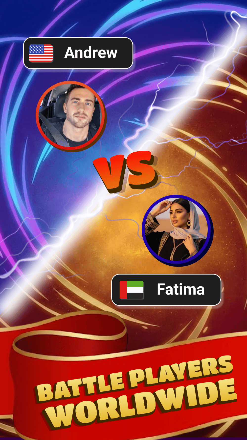A versus screen pairing Andrew from the United States against Fatima from the United Arab Emirates, under the words Battle Players Worldwide