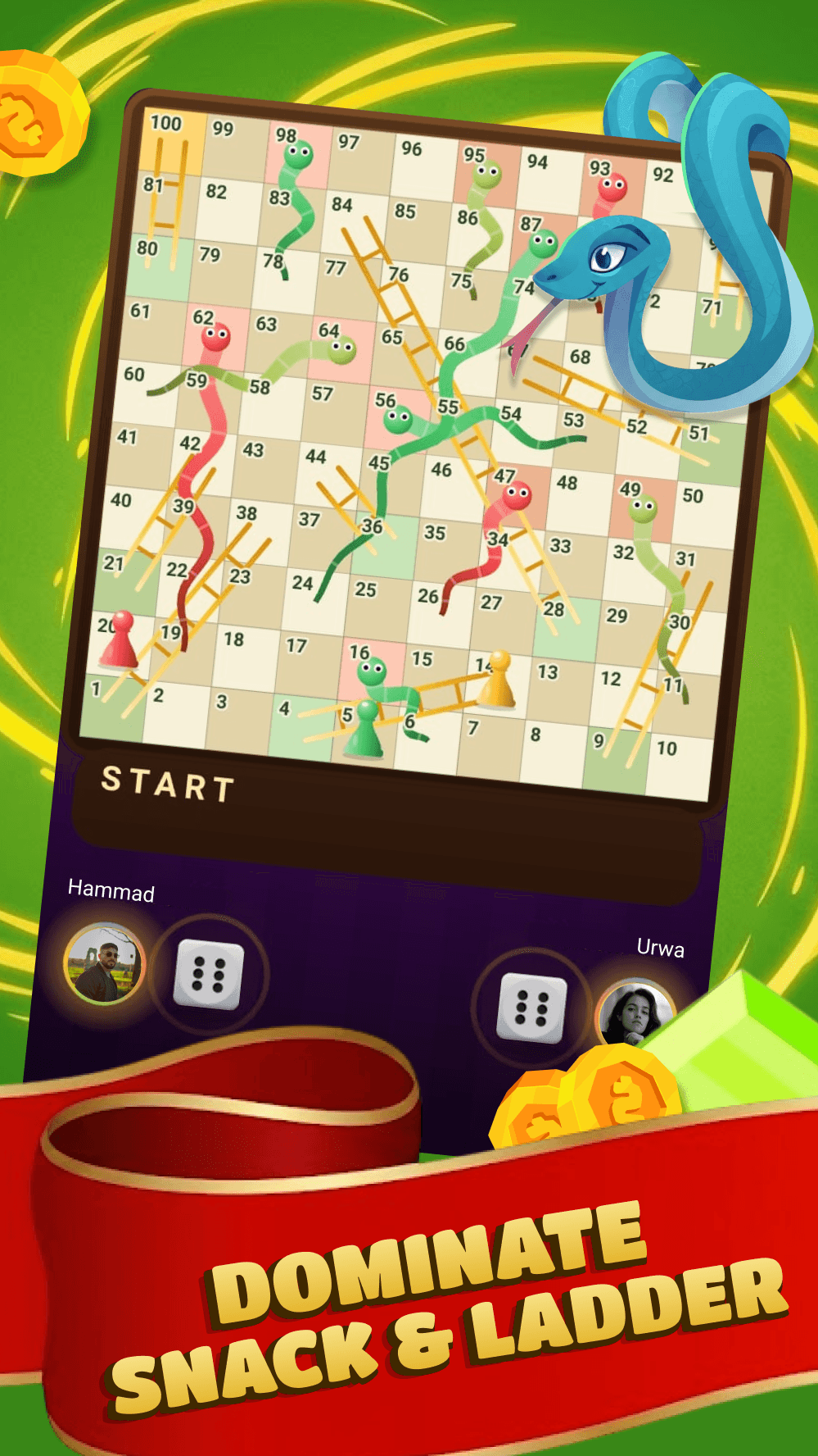 A hundred square snakes and ladders board mid-game between Hammad and Urwa, each with their own dice below the board