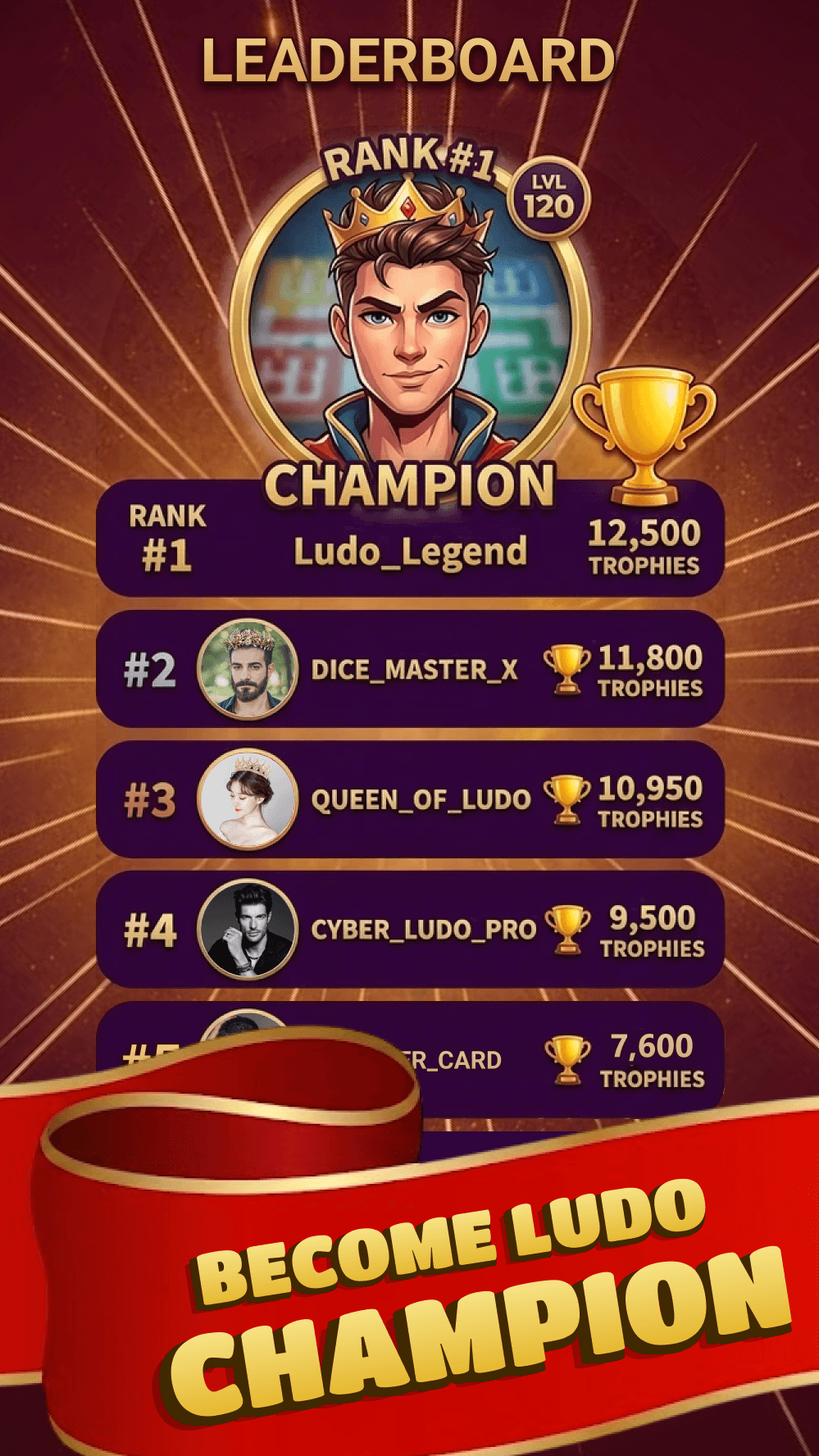 The leaderboard, with Ludo_Legend at rank one on 12,500 trophies above Dice_Master_X and Queen_Of_Ludo, under the words Become Ludo Champion
