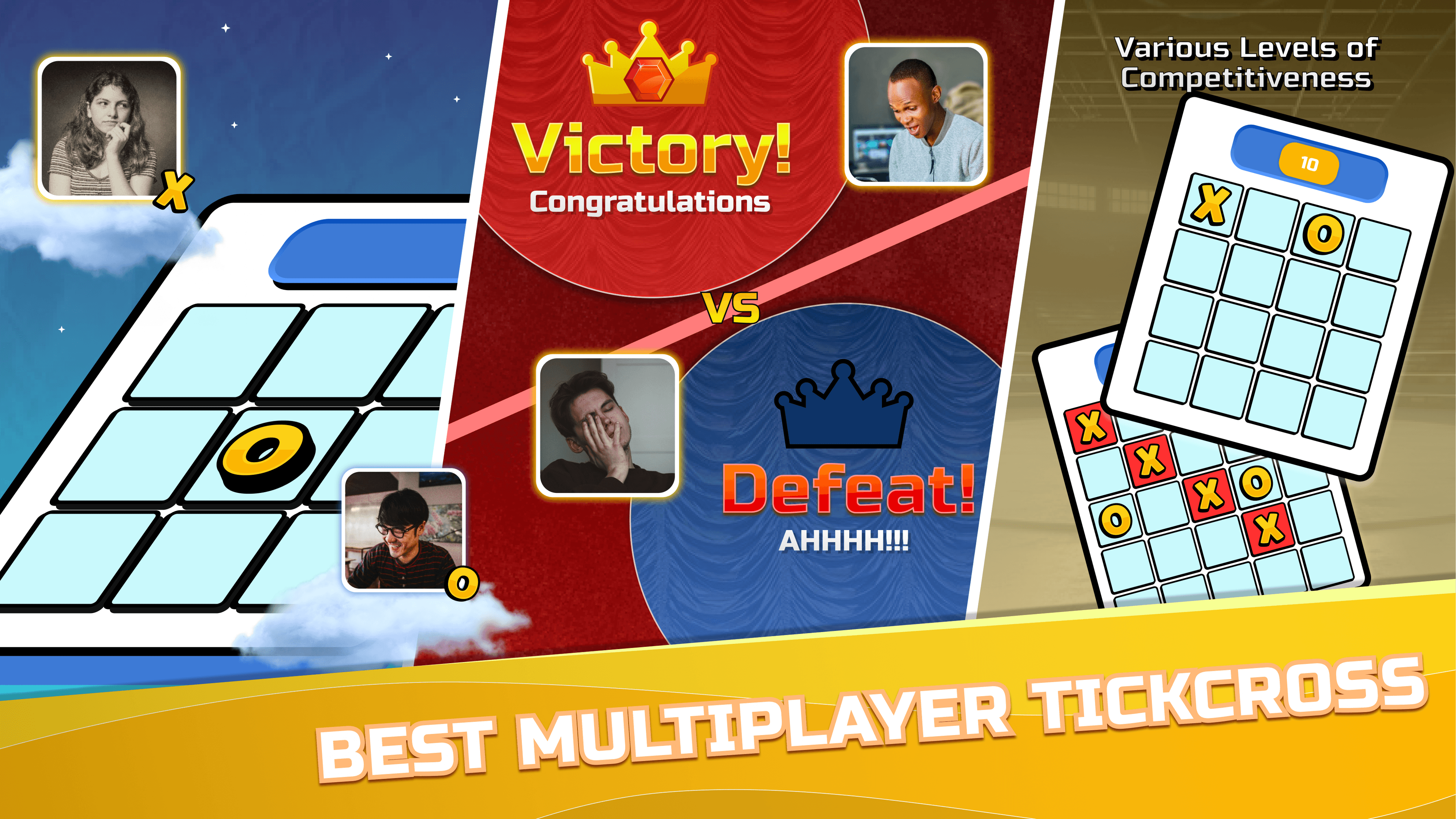 TickCross Online feature graphic: a tilted game board, a Victory and Defeat versus screen, and boards of several sizes under the words Best Multiplayer TickCross