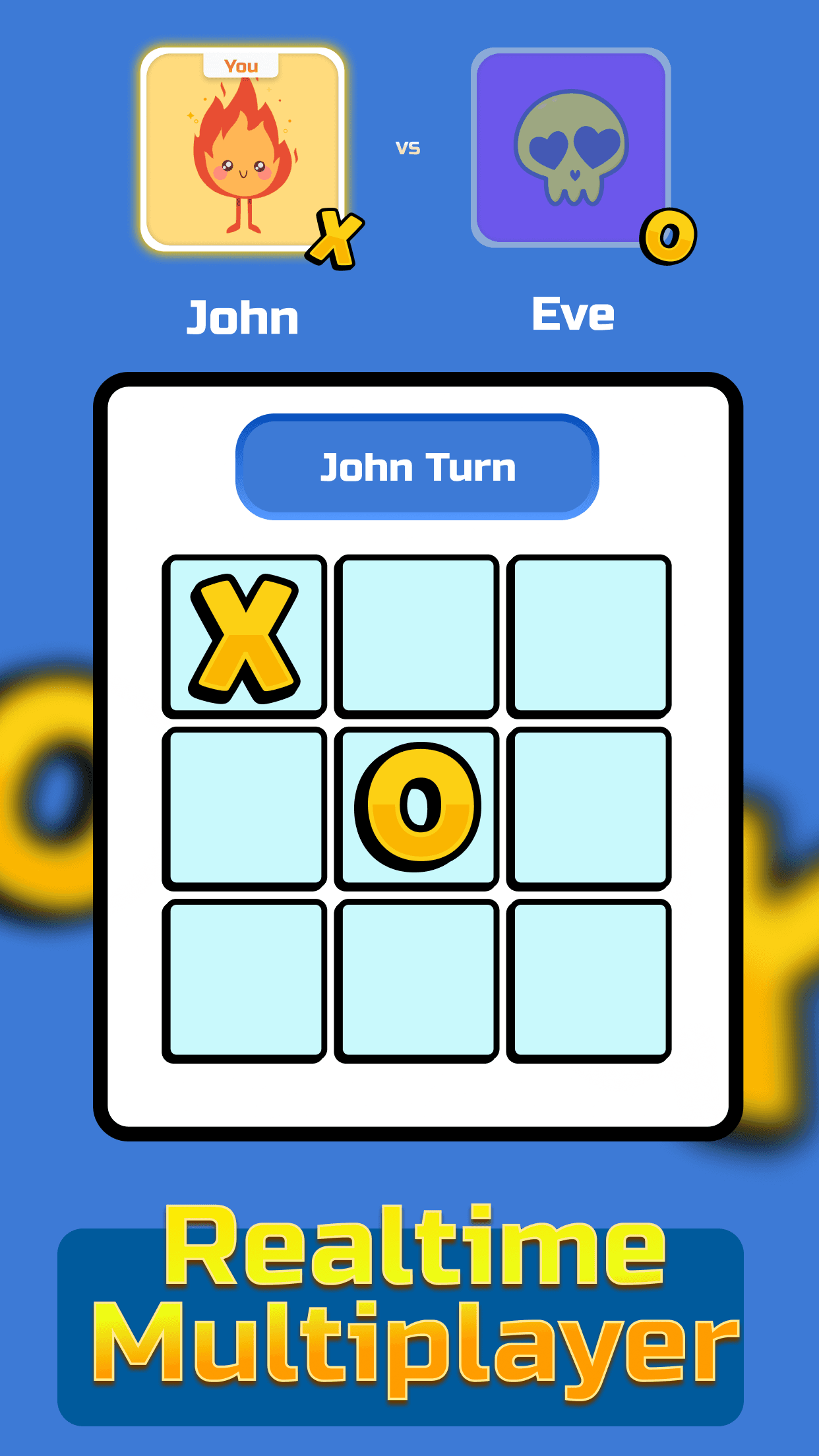 A realtime multiplayer match between John and Eve, with both players' avatars above a 3 by 3 board showing whose turn it is