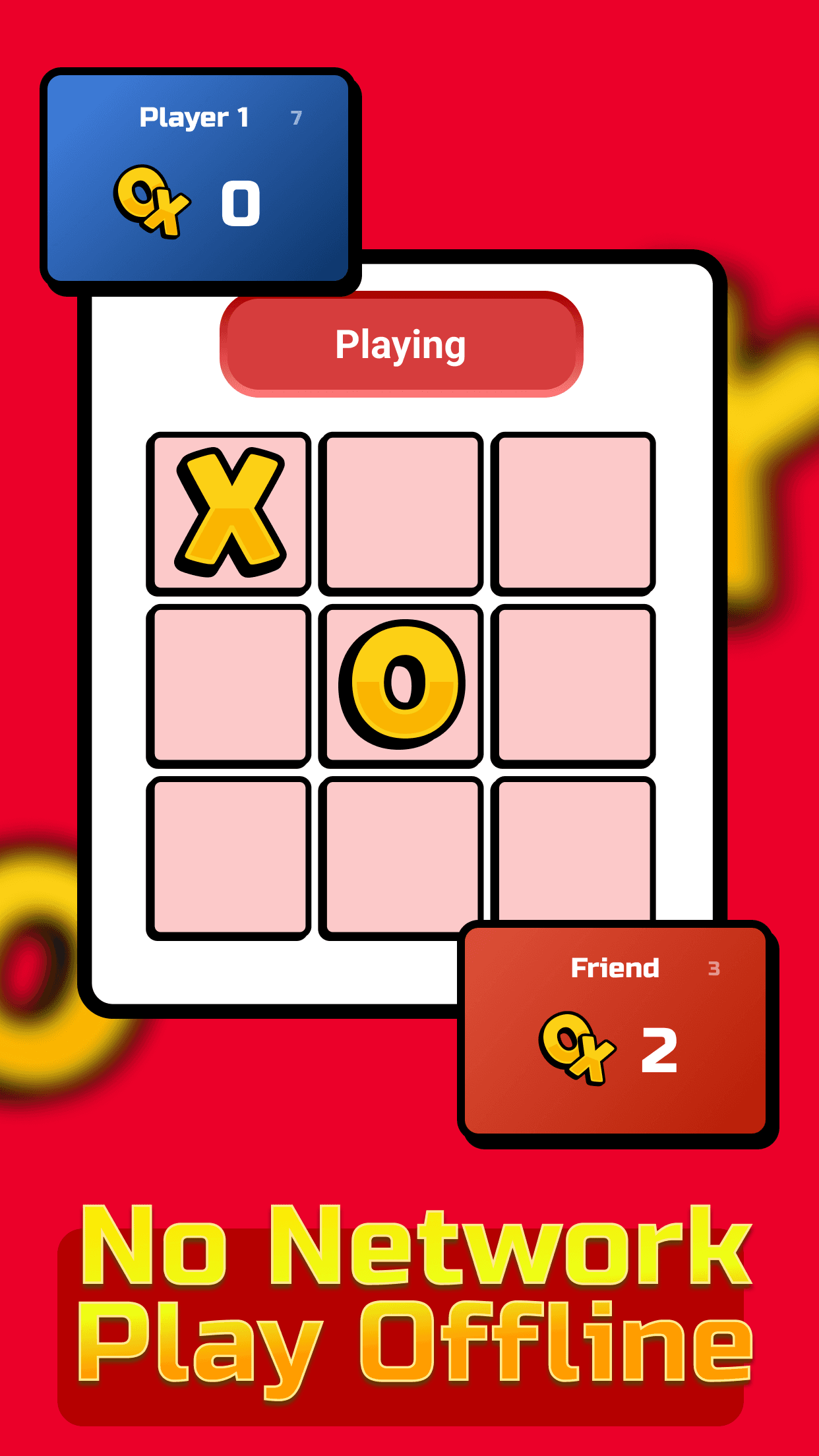 An offline match between Player 1 and a friend on the same device, with the running score above and below the board