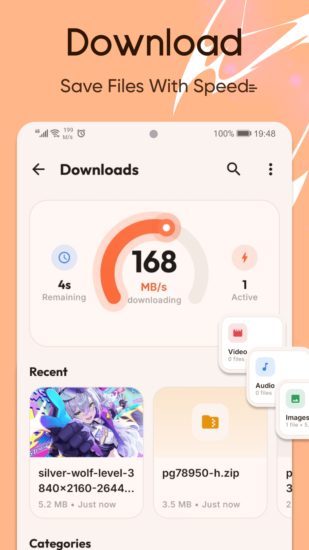 The downloads screen with the live speed gauge, recent files and file categories