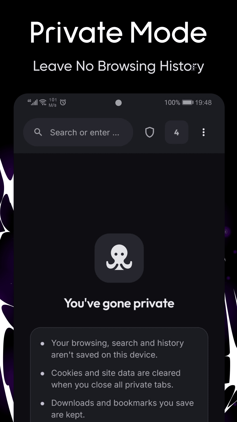 A private tab, with the app recoloured and a note that nothing from the session is saved