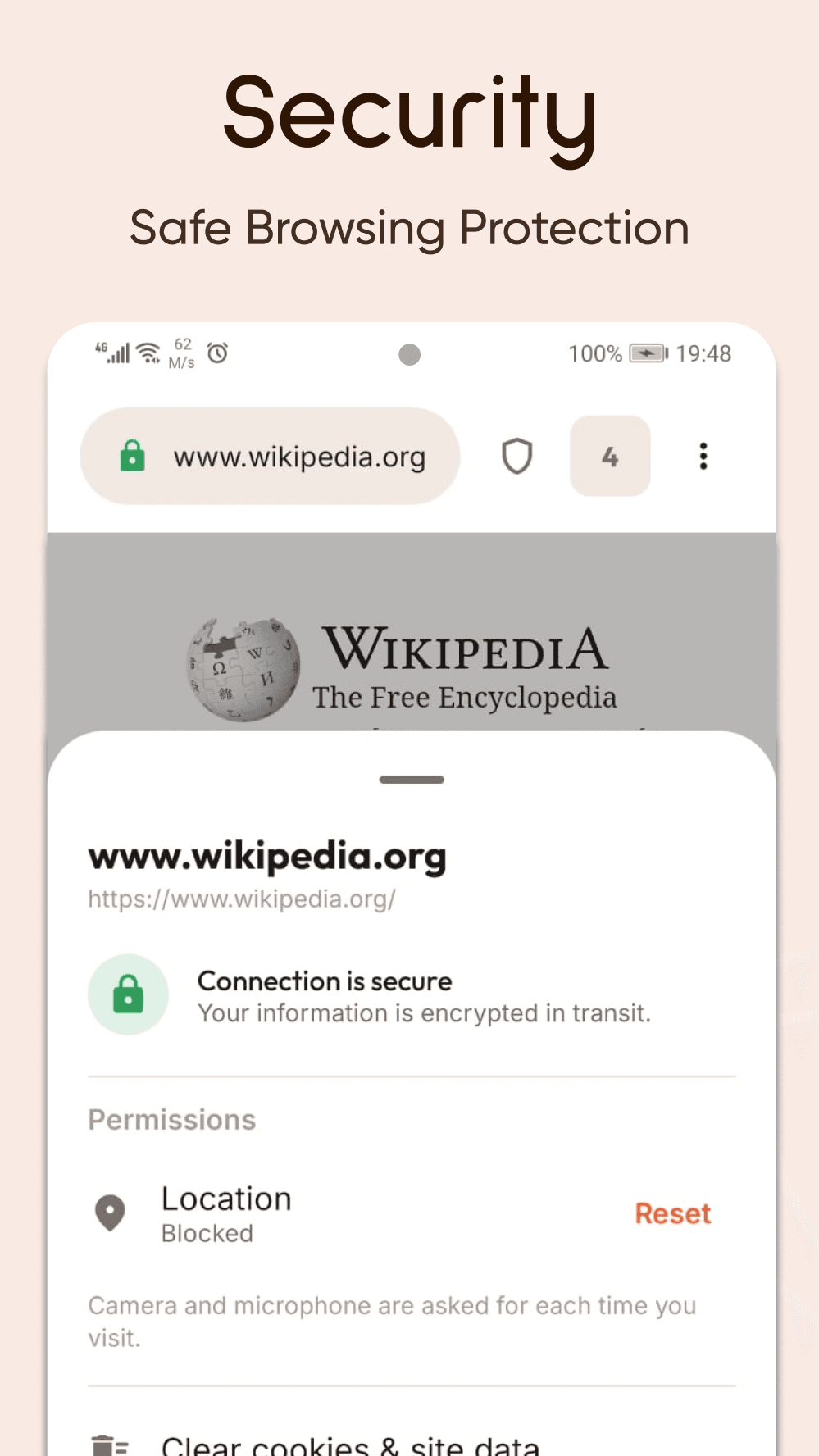 The page information sheet on Wikipedia, showing a secure connection and per-site permissions