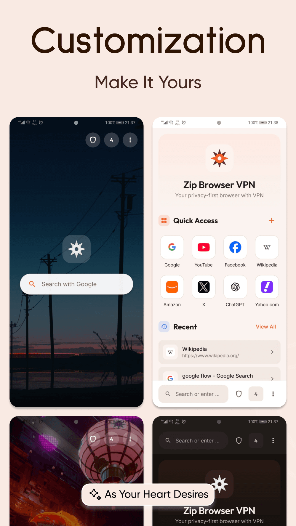 Four home screen looks side by side - wallpapers, the minimal layout and light and dark themes
