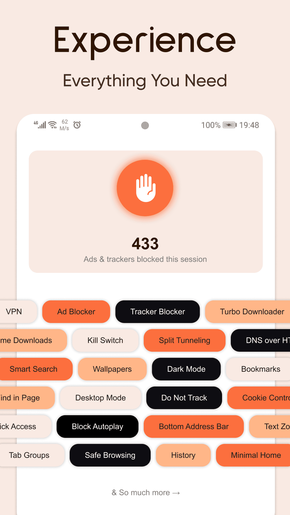 The ad and tracker blocker counting blocked requests, above a grid of the app's features