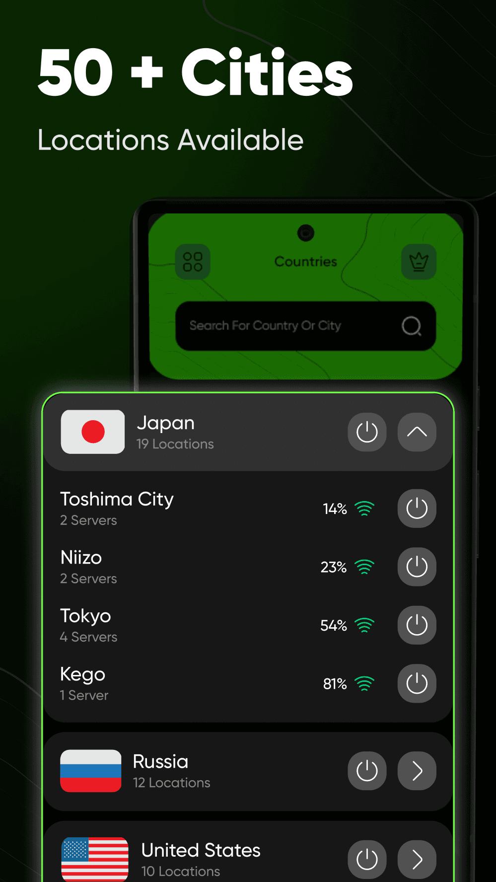 The Countries screen, with Japan expanded to show its cities and server counts