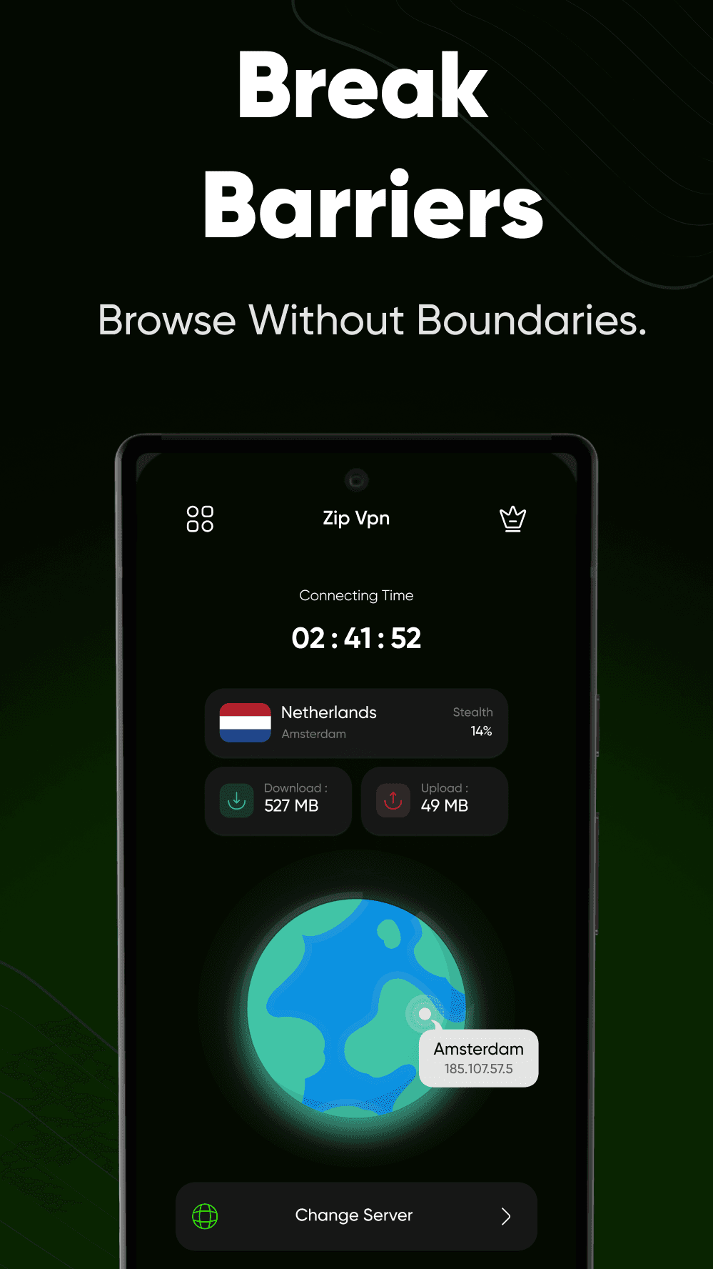 Zip VPN connected to Amsterdam, with a running timer and live transfer figures